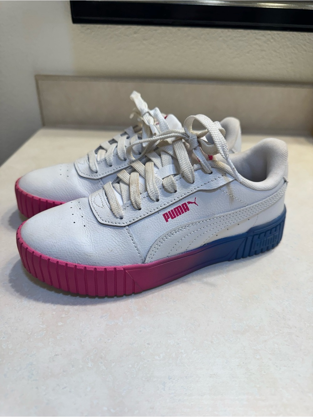 Puma Kids White Sneakers with Pink-to-Blue Sole